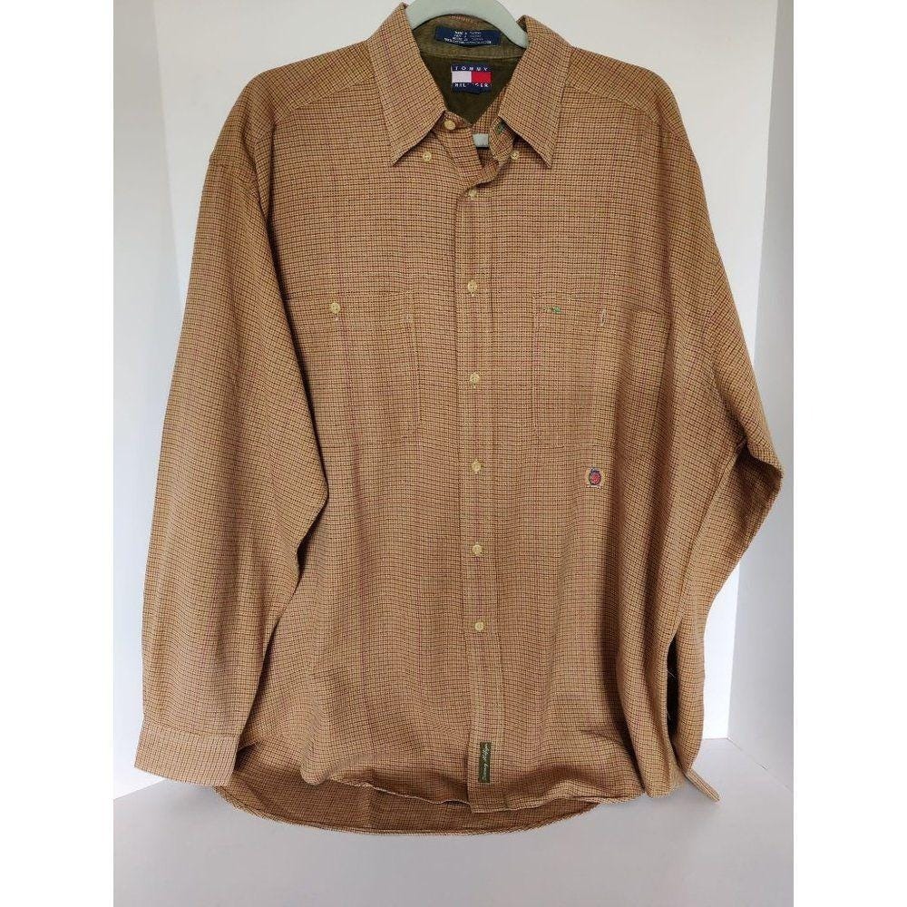 Vtg. Men Tommy Hilfiger Button Down Shirt Large Long Sleeve Plaid Brown Red